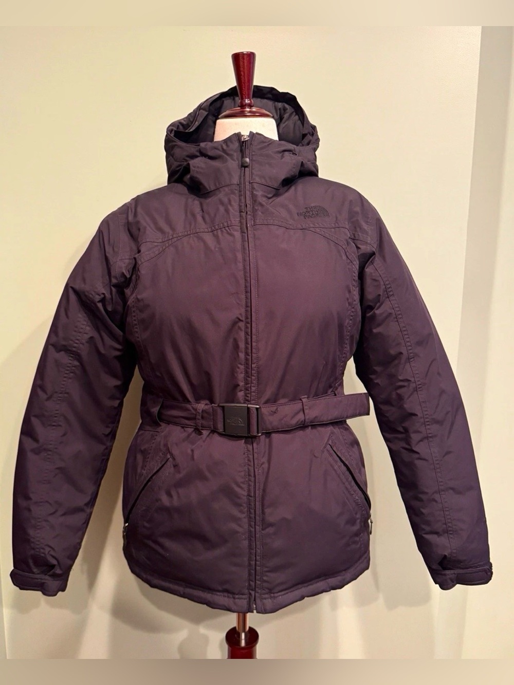 The North Face Belted Mera Peak 550 Fill Goose Down Jacket Womens Sz L Black EUC